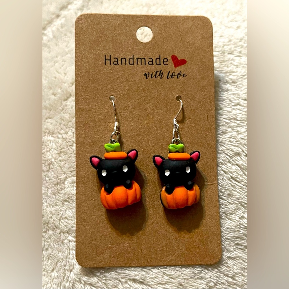Black cat in pumpkin Earrings on 925 hypoallergenic hooks with backings
